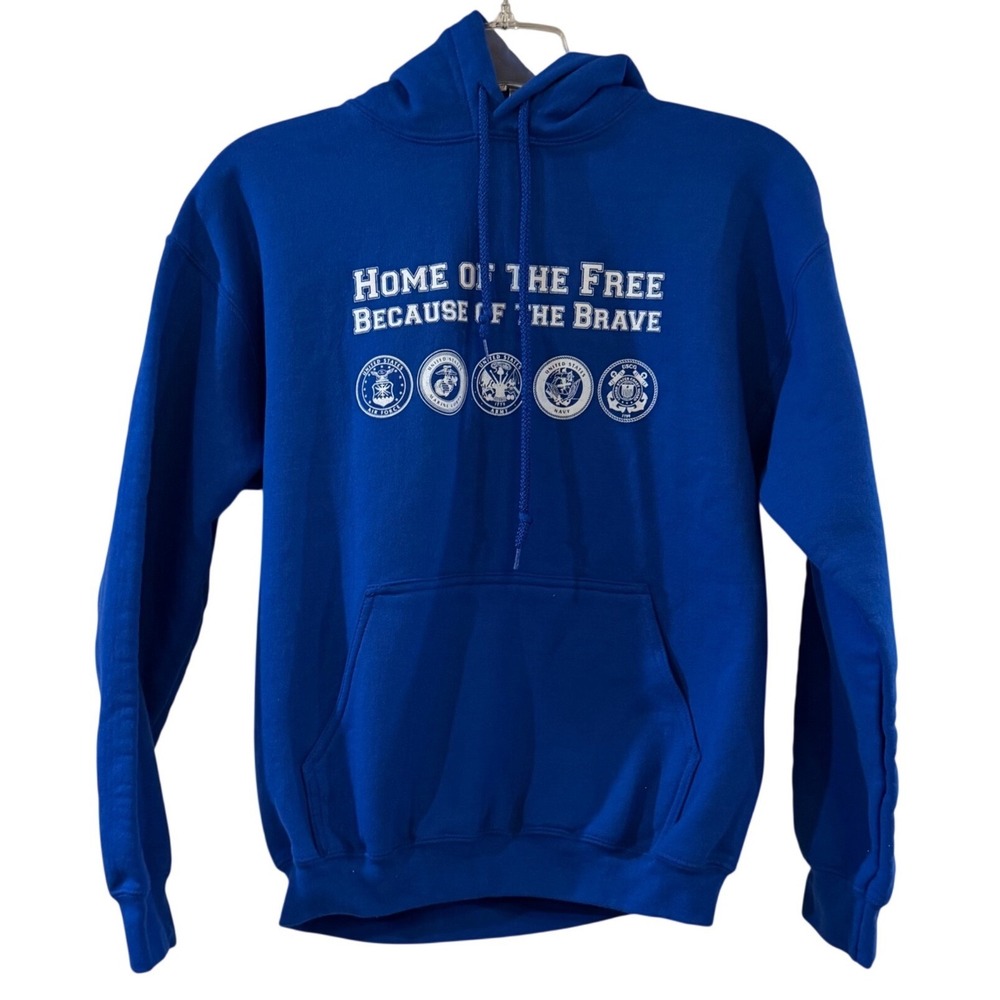 Military Hoodie Home of the Free US Armed Forces Gildan Ultra Blend Blue Medium